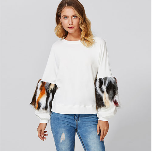 2018 New Drop Shoulder Pullover With Faux Fur Sleeve