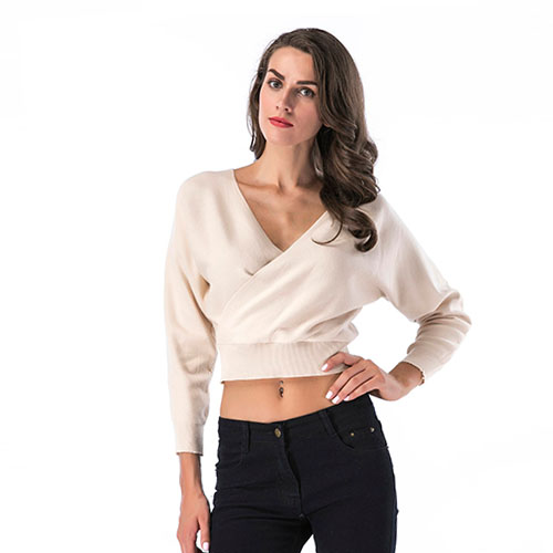 2018 Hot Short Solid Color Cross Solid Wrap Crop Sweater
