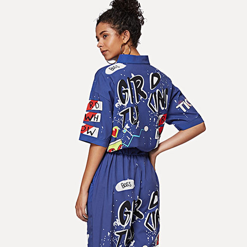 2018 Hot Graffiti Print Shirt Detail Jumpsuit