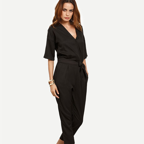 2018 Drop Shoulder Button Surplice Front Self Tie Jumpsuit