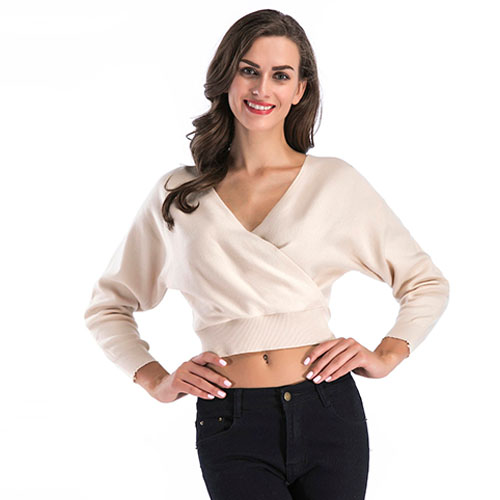 2018 Hot Short Solid Color Cross Solid Wrap Crop Sweater