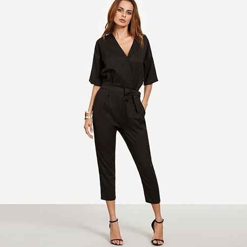 2018 Drop Shoulder Button Surplice Front Self Tie Jumpsuit