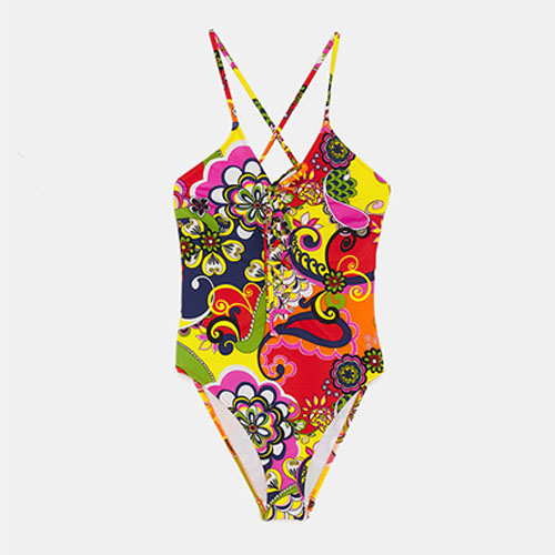 2018 Hot Printed Colorful One-Piece Swimsuit With Bow Tie