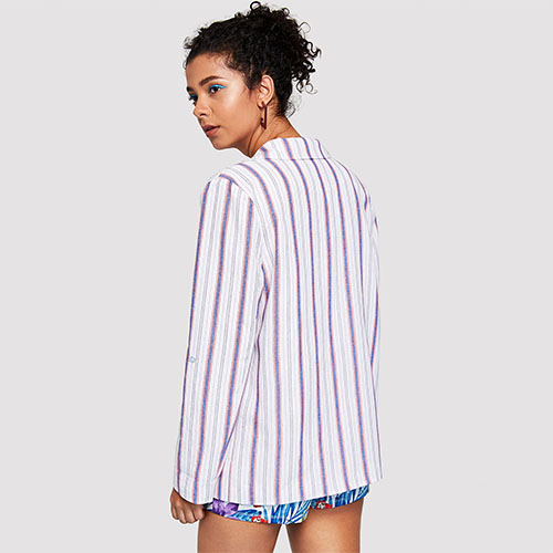 2018 Hot Notch Collar Roll Tab Sleeve Pinstripe Blazer