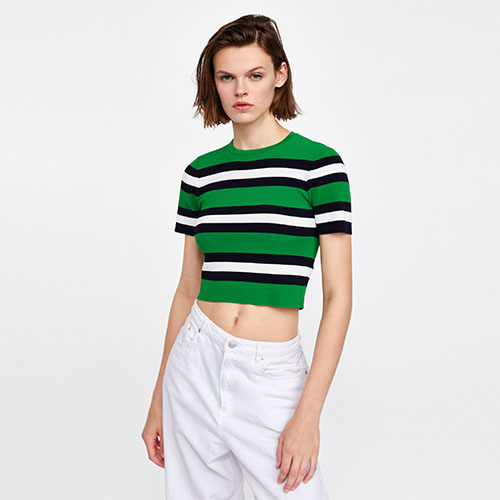 Hot Striped Knit Short Sleeve Shirt Sweater