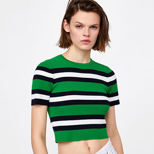 Hot Striped Knit Short Sleeve Shirt Sweater